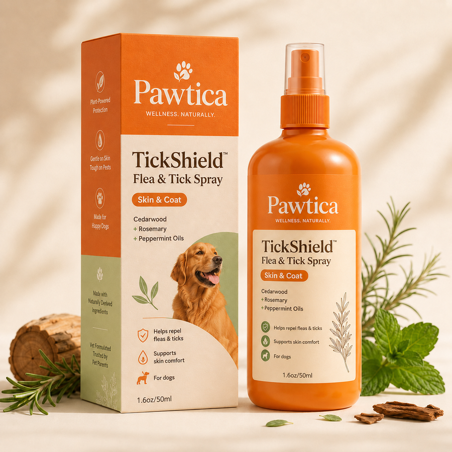 TickShield Flea & Tick Spray bottle and box — studio shot