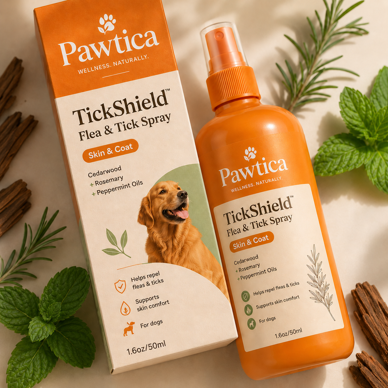 TickShield bottle and box flat lay with herbs