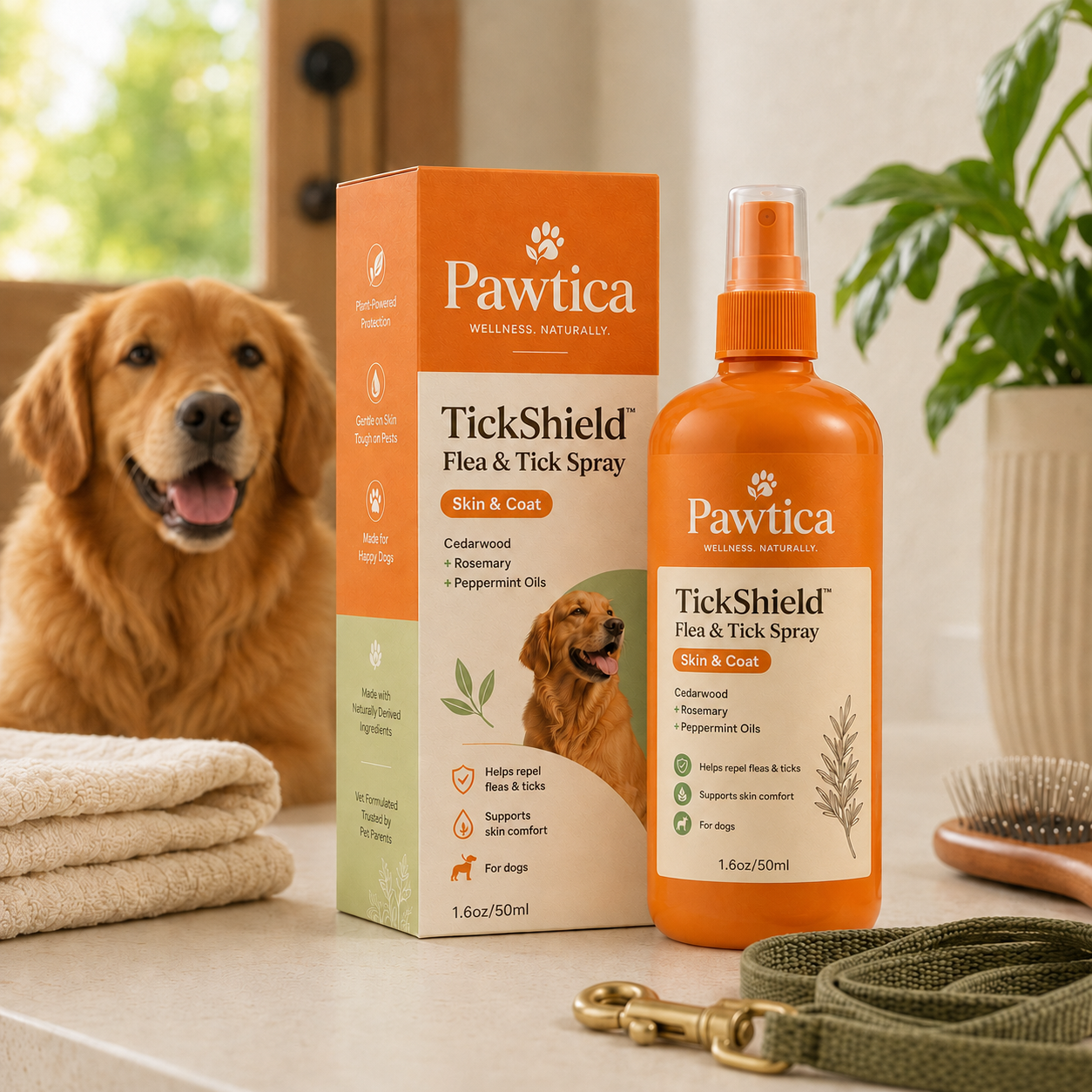 TickShield bottle and box lifestyle shot with golden retriever